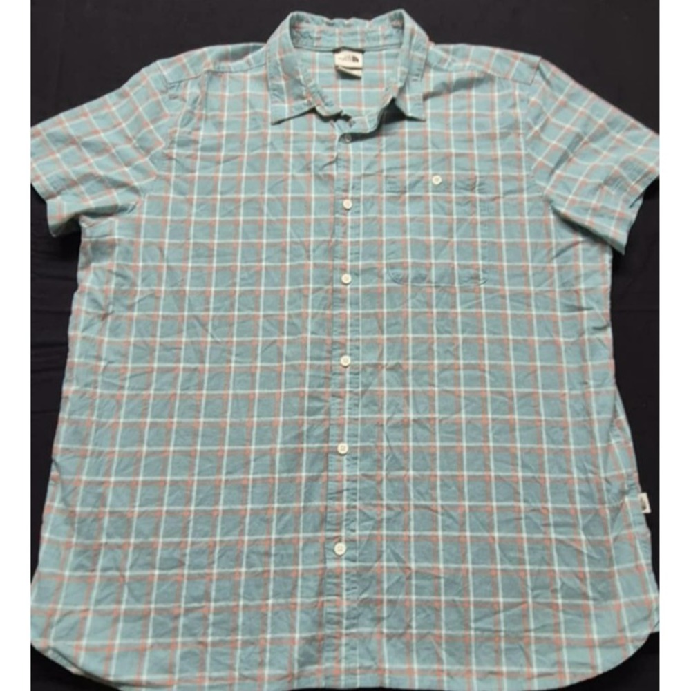 The North Face men's blue/orange plaid short sleeve button down‎ shirt sz. XL